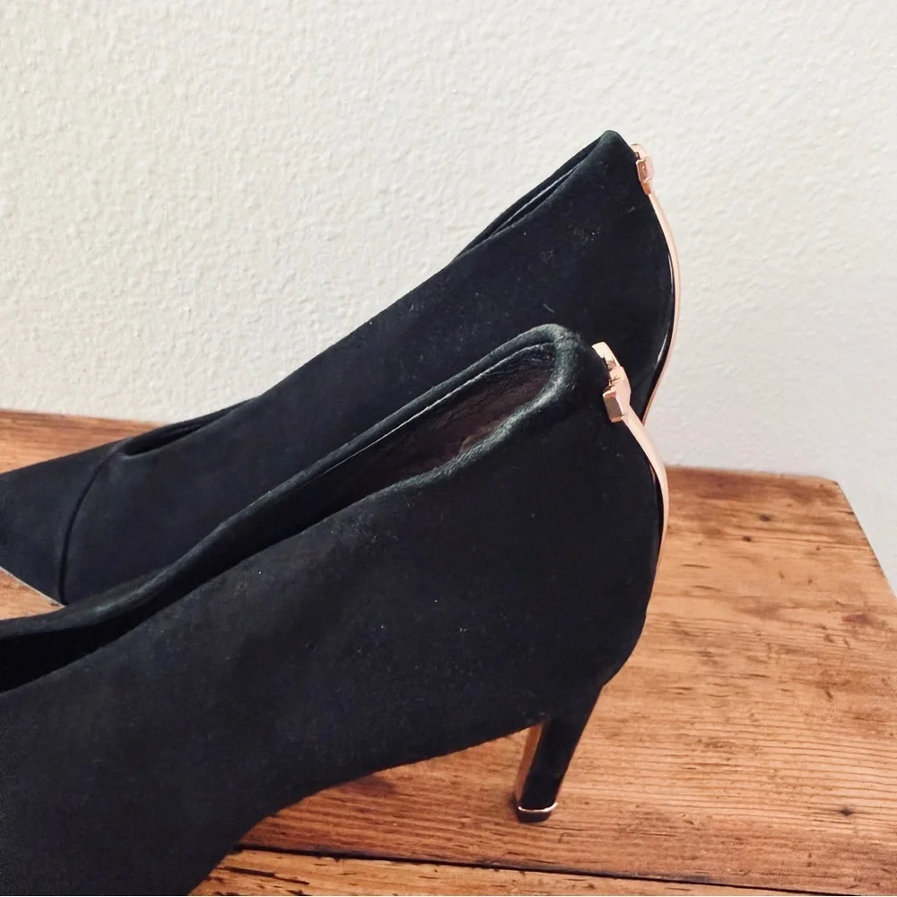 Ted Baker Black Suede Gold Bow Heels